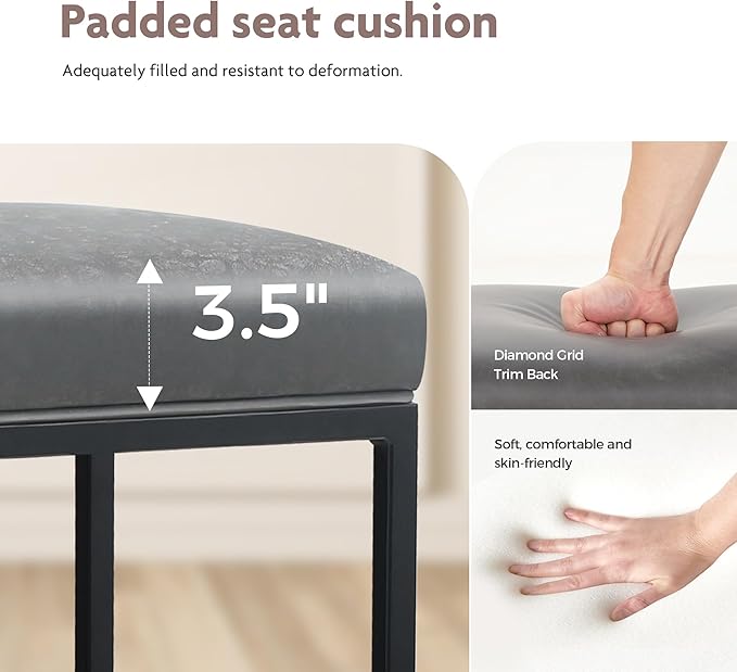ALPHA HOME 24 Inch Counter Height Bar Stools Set of 2, Upholstered Bar Stools for Kitchen Island, Counter Stools with Faux Leather Cushion and Sturdy Metal Frame, Modern Barstools, Grey