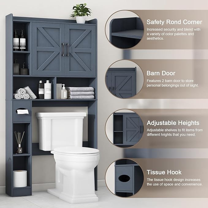 Vabches Over The Toilet Storage Cabinet, Farmhouse Storage Cabinet Over Toilet with 2 Barn Door & Toilet Paper Holder Stand,Home Space-Saving Toilet Rack, for Bathroom, Restroom, Laundry,Blue