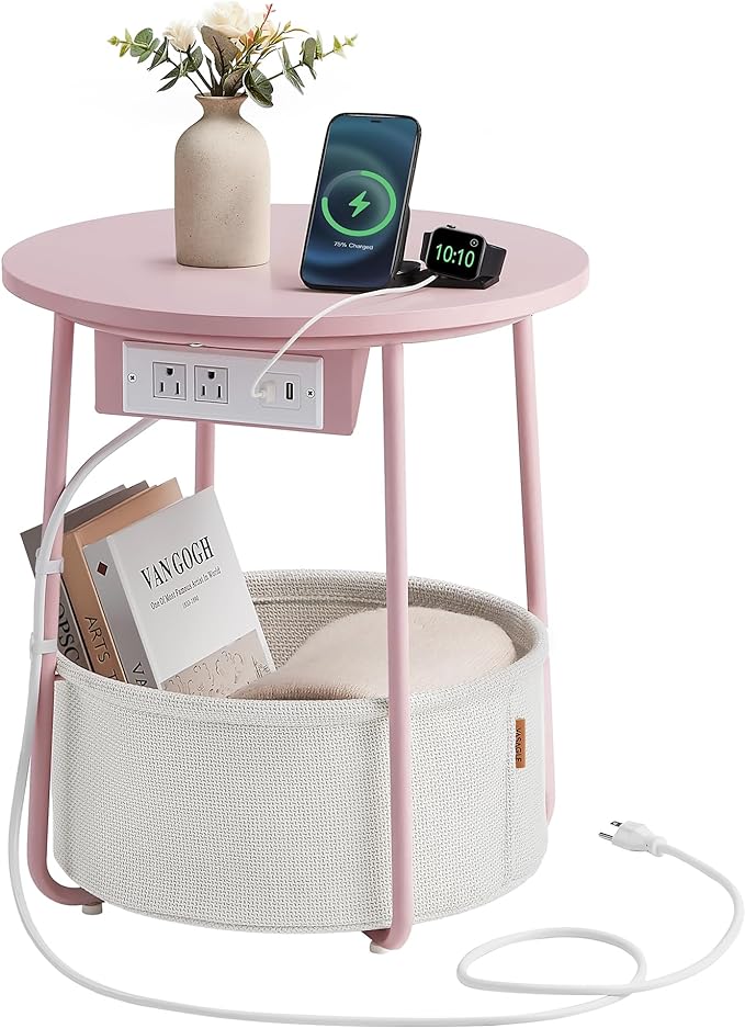 VASAGLE LILEA Collection - Side Table with Charging Station, Round End Table with Fabric Basket, Nightstand with USB Ports, for Living Room, Bedroom, Modern, Jelly Pink and Cream White ULET228R01