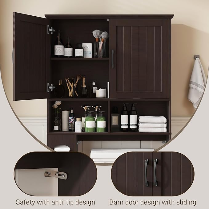 Vabches Over The Toilet Storage Cabinet, Farmhouse Storage Cabinet Over Toilet with Barn Door& Toilet Paper Holder Stand,Home Space-Saving Toilet Rack, for Bathroom, Restroom, Laundry.(Walnut)