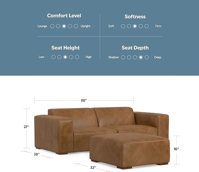 SIMPLIHOME Rex Modular Sofa and Ottoman Set in Full-Grain Genuine Leather, Caramel Brown, 88-inch-Wide 2-Seater Leather Couch and Matching 34-inch-Wide Table Ottoman for Living Room