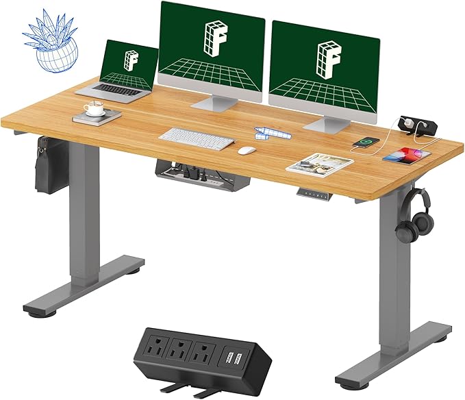 FLEXISPOT EN2 Whole-Piece Standing Desk with Clamp Power Strip, 60 x 24 Electric Stand Up Height Adjustable Desk with Cable Management (Gray Frame + 60" Maple Top, 2 Packages)