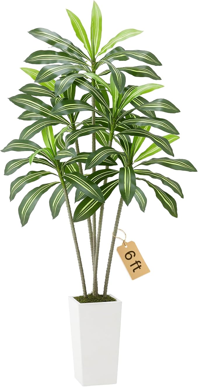 VEVOR Artificial Dracaena Tree 6 ft, Fake Palm Tropical Plants with White Tall Planter, Faux Floor Silk Plant in Pot, Large Trees for Home Office Living Room Decor House Warming, Indoor Outdoor