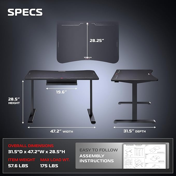 Respawn 1048 Gaming Desk with Cable Management - 48 Inch Ergonomic Full Computer Desk Mouse Pad, Sturdy Home Office Workstations, Laptop PC Console Gamer Table, Wooden Study Table for Bedroom - Black