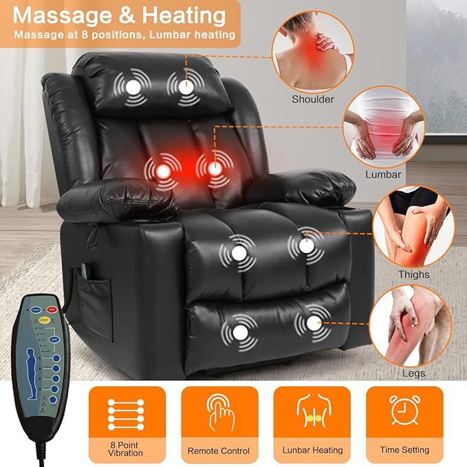 PARKOL Power Lift Recliner Chair for Elderly Breathable Leather Recliner Chair with Massage and Heat for People Limited Mobility (Black, Small)