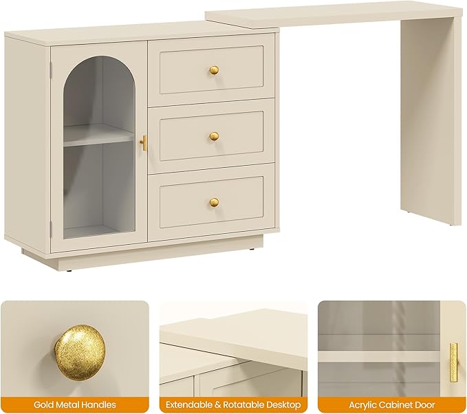 RoyalCraft L Shaped Home Office Desk, Extendable and Rotatable Desk with 3 Drawers and Door, Corner Computer Desk, Modern Study Writing Table for Bedroom, Home Office, Beige