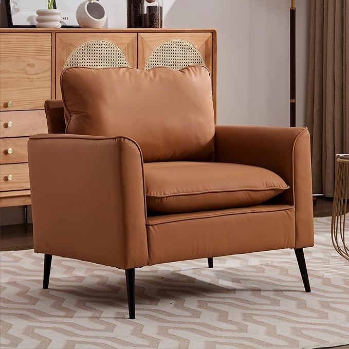 YISHENG Mid-Century Modern Living Room Accent Chairs Set of 2 - Oversized Faux Leather Armchairs with Removable Cushions & Metal Legs, Comfortable Sofas for Office/Lounge/Bedroom/Reception,(Brown)