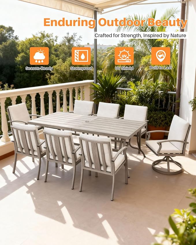 9-Piece Patio Dining Set, Aluminum Outdoor Dining Set for 8, Patio Furniture Sets with Umbrella Hole, 6 Dining Chairs, 2 Swivel Dining Chairs for Decks, Garden, Backyard, Lawn, Limed Oak