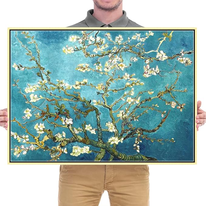 Wieco Art Framed Wall Art Almond Blossom Floral Giclee Canvas Prints of Van Gogh Famous Oil Paintings Reproduction Flowers Pictures on Canvas Wall Art for Bedroom Home Decorations