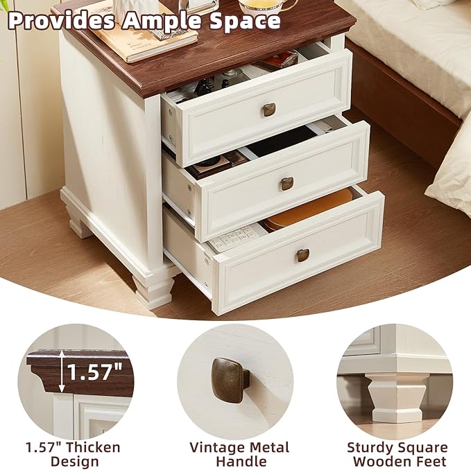 Farmhouse Nightstand with 3 Drawers, Rustic Couch End Table with 4 Square Solid Wood Legs, Mid-Century Modern Bed Side Table with Storage, Small Dresser for Bedroom, Living Room, White