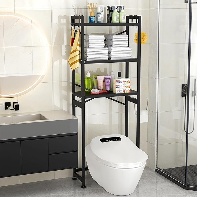 ZZL Over The Toilet Storage,3-Tier,Bathroom Toilet Organizer,Multifunctional Space Saver Freestanding Bathroom Shelves with 4 Hooks,Black