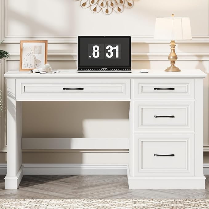 Farmhouse 47" Executive Desk, Computer Desk with Drawers and File Drawer, Workstation Computer Desk with Charging Station for Home Office,Study,(Cream White)