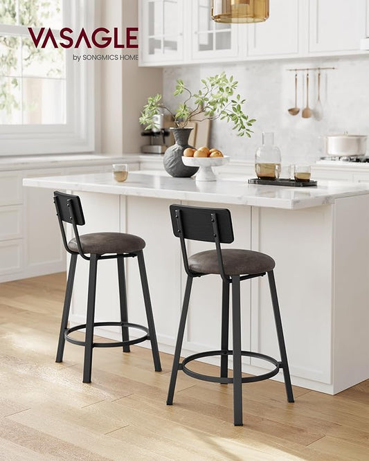 VASAGLE Bar Stools, Set of 2 PU Upholstered Breakfast Stools, 29.7-Inch Barstools with Back and Footrest, Simple Assembly, for Dining Room Kitchen Counter, Classic Black and Coffee Brown ULBC059B82