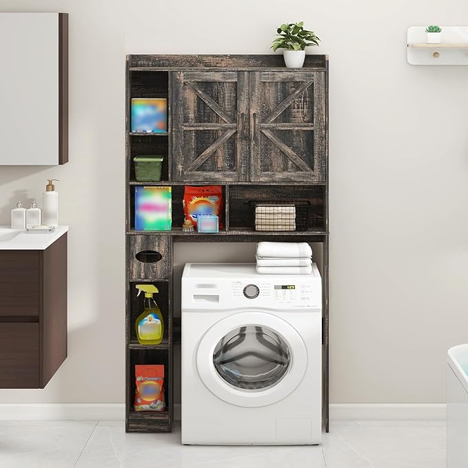 Over The Toilet Storage Cabinet, Farmhouse Storage Cabinet Over Toilet with 2 Barn Doors & Toilet Paper Holder Stand,Home Space-Saving Toilet Rack, for Bathroom, Restroom, Laundry