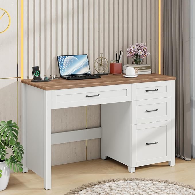 Vabches Farmhouse 47" Executive Desk, Computer Desk with File Drawer and Charging Station, Workstation for Home Office & Study(Off White