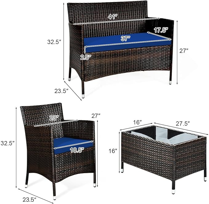 COSTWAY 4PCS Rattan Patio Furniture Set, Outdoor Wicker Rattan Chairs with Coffee Table, Rattan Cushioned Conversation Set for Backyard Balcony Porch Poolside, Navy