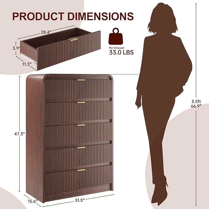 FURSUN Fluted 5 Drawers Dresser for Bedroom, 48" Tall Wooden Modern Dresser with Metal Handle, Curved Profile Design, Storage Organizer for Living Room, Hallway(Dark Walnut)