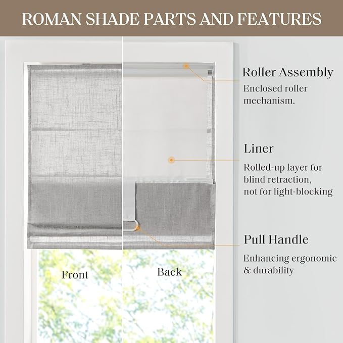 Madison Park Kyler Cordless Roman Shades - Single Panel, Lightweight Linen Blend Fabric, Natural Design, Easy Installation, Light Filtering Window Blind, Bedroom, Living Room Decor 27" W x 64" H Grey
