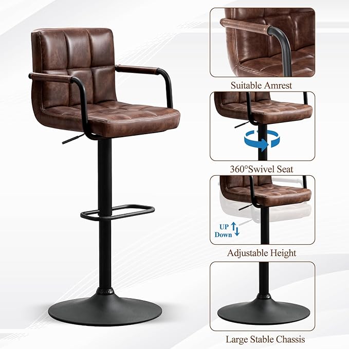 Furniliving Bar Stools Set of 2 with Back, Modern Square PU Leather Kitchen Stools with Armrest, Adjustable Counter Height Barstools for Kitchen Bar Pub Cafe (Darkbrown)