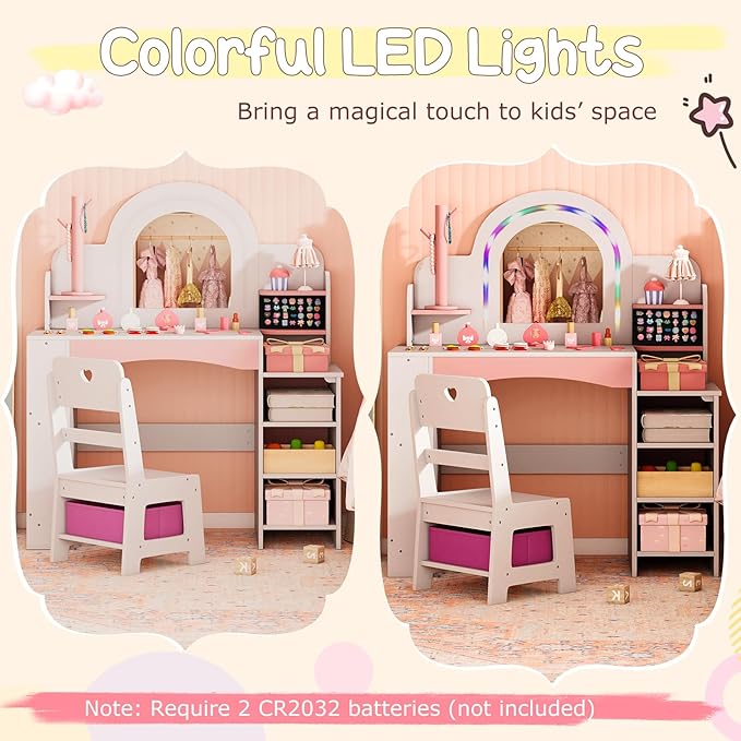Costzon Kids Vanity, Girls Vanity Set with Lighted Mirror, Bookshelf, Jewelry Storage, Toddler Makeup Vanity Desk Dressing Table, Wooden Kids Vanity Table and Chair Set (White)