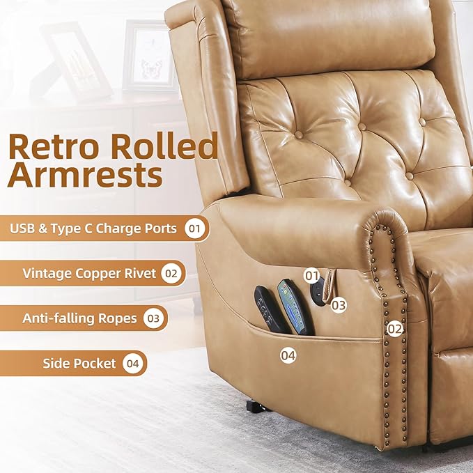 Large Power Lift Recliner Chair for Elderly, Oversized Lay Flat Lift Chair with Adjustable Headrest, Leather Recliner Chairs with Massage and Heat, Infinite Position,Extended Footrest,Beige