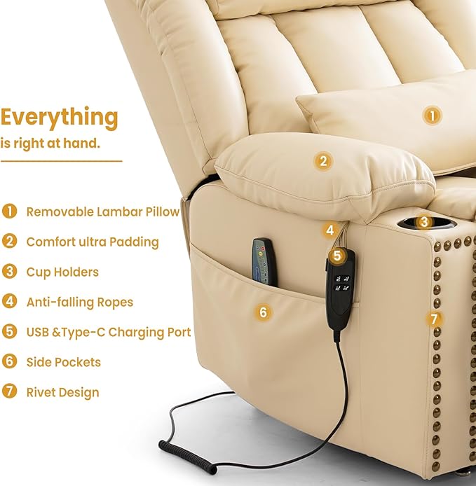 PARKOL Large Infinite Position Leather Power Lay Flat Lift Studded Recliner Chairs for Elderly, Dual Motor with Massage and Heating,Extended Footrest, USB&Type-C Port Remote,Cup Holder (Beige, Large)