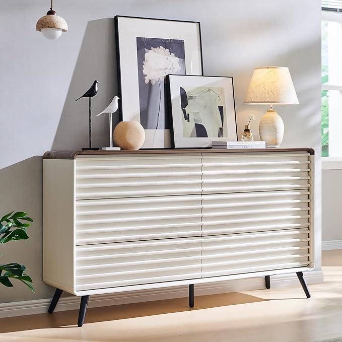 RedLemon 6 Drawers Dresser for Bedroom, 54'' Wide Mid Century Modern Wood Fluted Double Dresser, Chest of Drawers with Tapered Leg for Bedroom, Living Room, Hallway, Closet, Antuique White