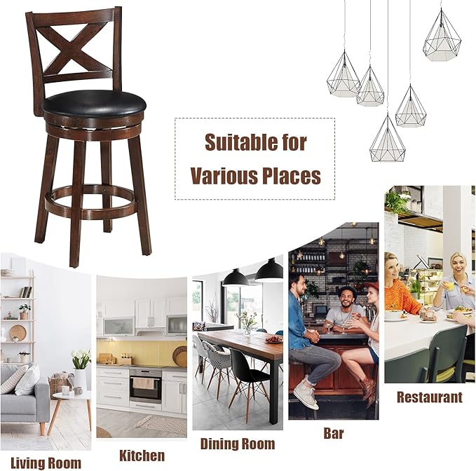 COSTWAY Bar Stools, Counter Height Dining Chair, Fabric Upholstered 360 Degree Swivel, PVC Cushioned Seat, Perfect for Dining and Living Room