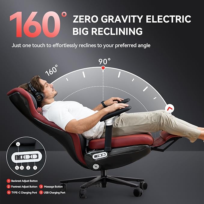 EMIAH Ergonomic Office Chair with Foot Rest Electric Reclining Office Chair with Adjustable Headrest, 8D Coordinated Armrests High Back Computer Chair with Lumbar Support(Red)