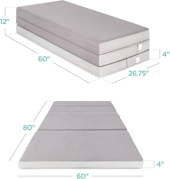 Best Choice Products 4in Portable Queen-Size Mattress, Tri-Fold Mattress for Camping, Guest, Toddler, Foam Plush w/Carry Case - Grey