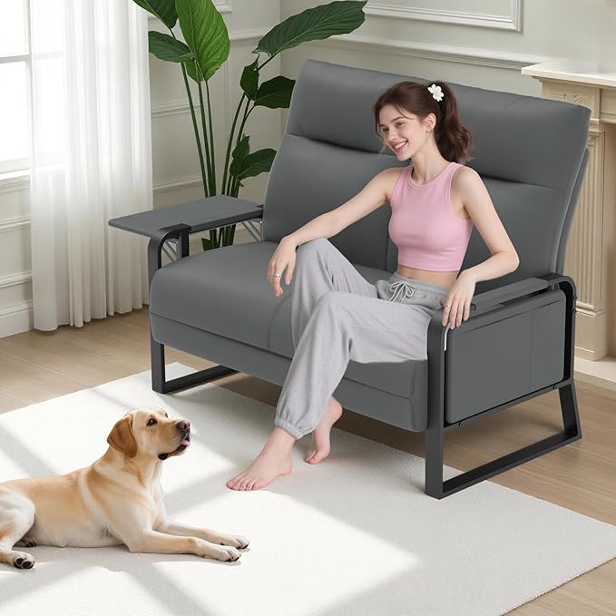 Faux Leather Loveseat Couch for Living Room Bedroom Office, Small Sofa 2 Seater Couch with Flip Up Tray Table Side Pockets Leather Loveseats, Gray