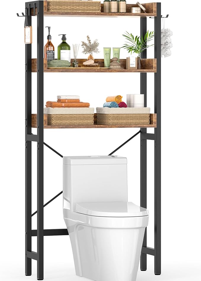 Ecoprsio Over-The-Toilet Storage Rack, 3-Tier Bathroom Organizer Shelf Over Toilet, Freestanding Space Saver Toilet Stands with 4 Hooks, Rustic Brown