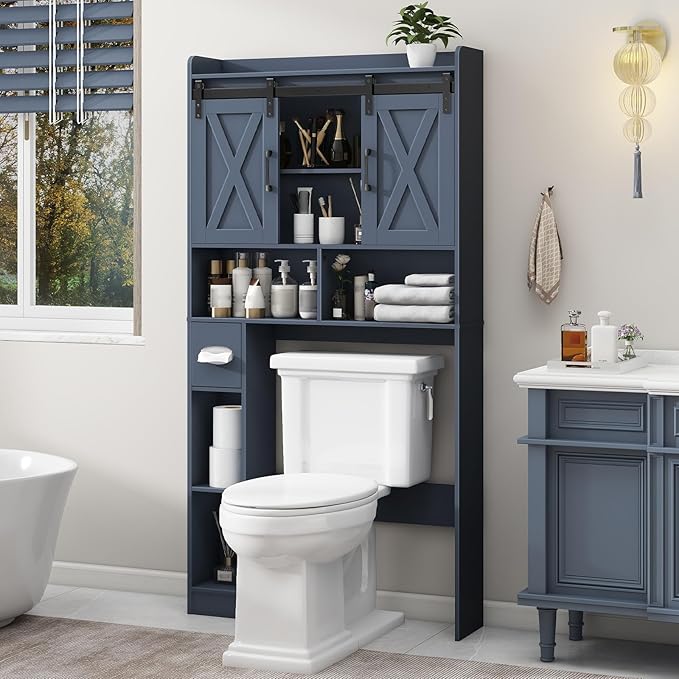 Vabches Over The Toilet Storage Cabinet, Farmhouse Storage Cabinet Over Toilet with Sliding Doors,Home Space-Saving Toilet Rack, for Bathroom, Restroom, Laundry