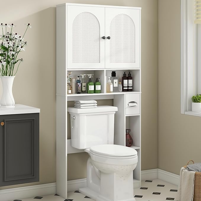 Vabches Over The Toilet Storage Cabinet, Rattan Storage Cabinet Over Toilet with 2 Doors & Toilet Paper Holder Stand, Freestanding Toilet Shelf Space Save with Anti-Tip Design Adjustable Shelf, White