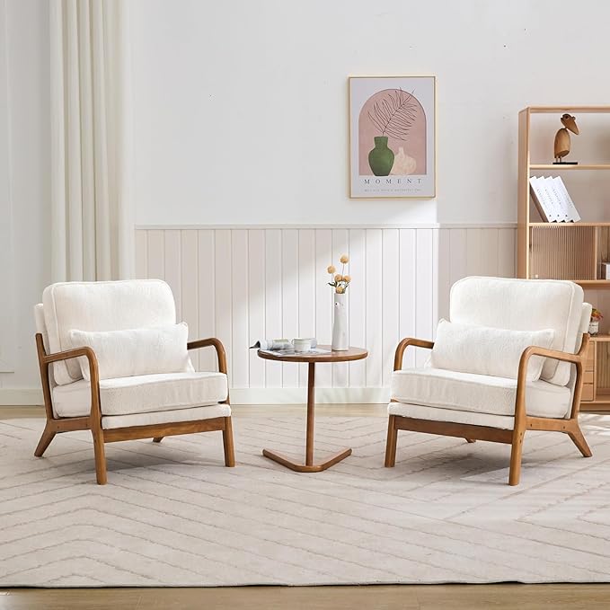 Mid-Century Accent Chair,Sherpa Fabric Lounge Chair with Wide Armrest,Sherpa Fabric Armchair with Lumbar Pillow & Solid Wood Frame for Living Room, Bedroom, Balcony(White)