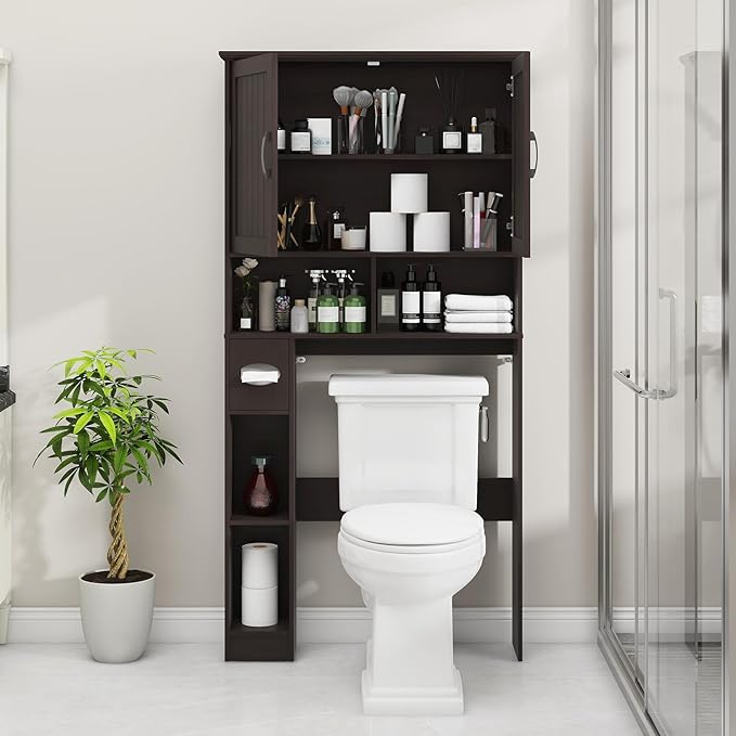 Vabches Over The Toilet Storage Cabinet, Farmhouse Storage Cabinet Over Toilet with Barn Door& Toilet Paper Holder Stand,Home Space-Saving Toilet Rack, for Bathroom, Restroom, Laundry.(Walnut)