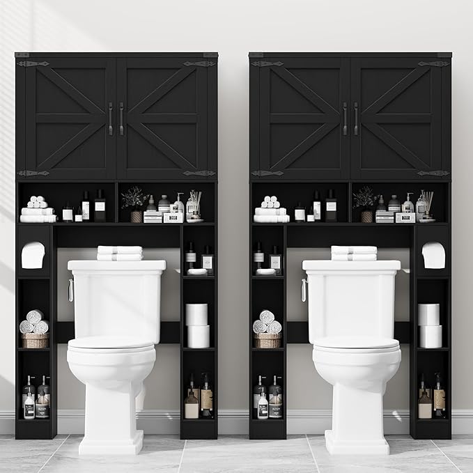 Vabches Over The Toilet Storage Cabinet, Farmhouse Storage Cabinet Over Toilet with 2 Barn Doors ,Toilet Paper Holder Stand,Home Space-Saving Toilet Rack, for Laundry, Restroom, Bathroom.Black.