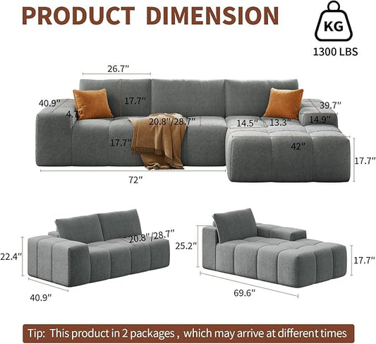 114” Oversized Modular Sectional Couch for Living Room, Chenille Boneless Couch L-Shape Cloud Sofa with Deep Seat and Chaise, Memory Foam Compressed Sofa for Living Room Furniture Bedroom Apartment
