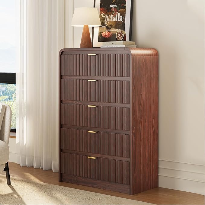 FURSUN Fluted 5 Drawers Dresser for Bedroom, 48" Tall Wooden Modern Dresser with Metal Handle, Curved Profile Design, Storage Organizer for Living Room, Hallway(Dark Walnut)