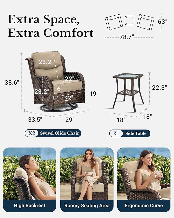 HILLGA Luxury Outdoor Swivel Rocker Patio Chairs of 2 with 6 Inch Thick Cushions and Side Table, Swivel Outdoor Chairs 3PCS High Back Wicker Patio Furniture Set for Porch, Balcony, Deck in Beige