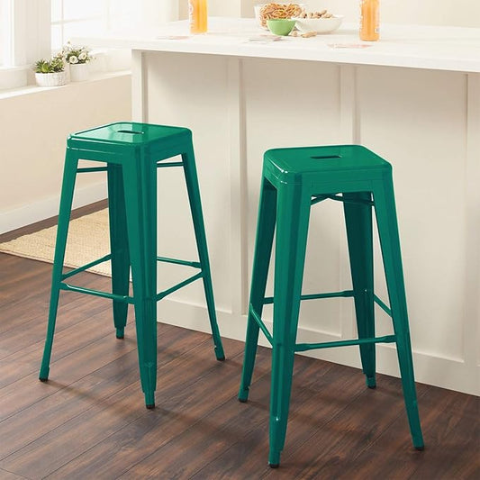 Furniwell 30 Inches Metal Bar Stools High Backless Tolix Indoor-Outdoor Stackable Barstool with Square Counter Seat Set of 4 (Green)