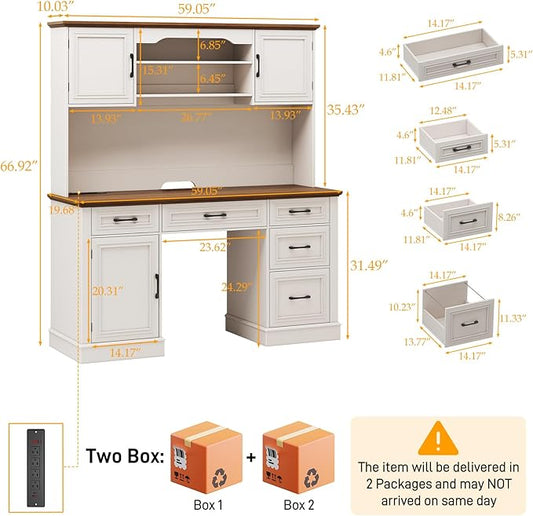 67" H Farmhouse Executive Desk with Hutch. Wood Workstation with 5 Drawers, Storage Cabinet, File Drawers and Charging Station, Ideal as Office Desks, Computer Desk for Home Office and Study