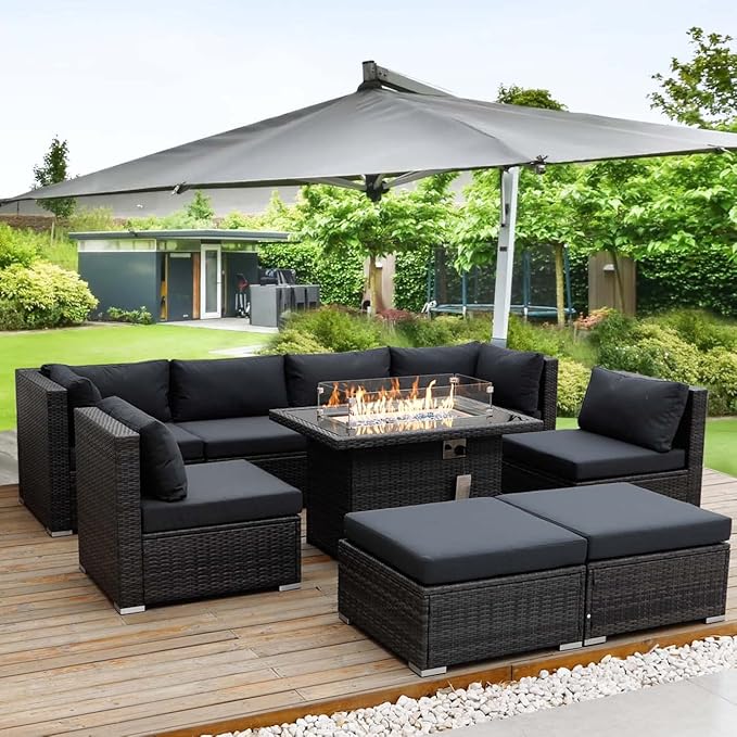 NICESOUL 8 Seater Outdoor Patio Furniture Sectional Sets with Firepits Table Natural Gas Propane, 29.3'' High Back Comfy Wicker Conversation, 9 Piece Deep Wide Modern Modular Sofa for Backyard, Grey