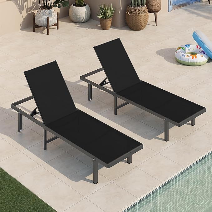 Pool Lounge Chairs Set of 2,Outdoor Lounge Chairs with Wheels and 5-Position Recliner -Easy to Move- Aluminum Patio Lounge Chair for Poolside, Deck (Black)