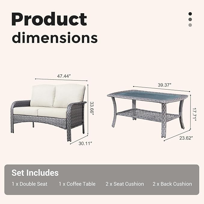 2 Pieces Wicker Patio Furniture Loveseat with Table - Outdoor Rattan Patio Bistro Set of 2,All-Weather PE Wicker Conversation Sofa High Back Deep Seating for Deck Porch Yard,Beige