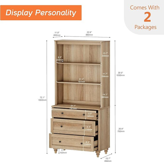 WAMPAT 3 Tier Bookshelf with 3 Drawers, 72" Tall Bookcase Large Farmhouse Display Book Case Shelf with 3-Tier Open Book Shelfs,Library Wood Bookshelves for Living Room,Kitchen, Oak
