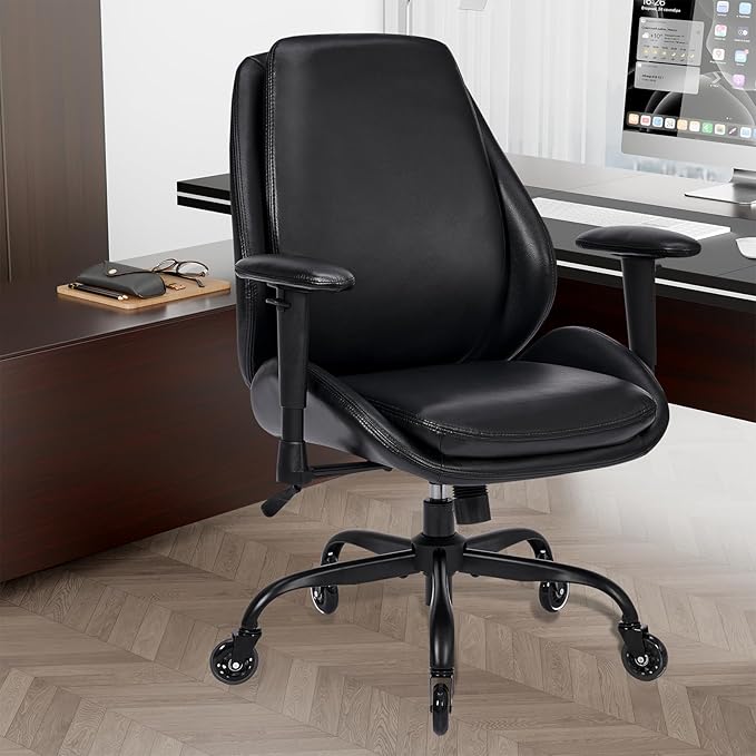 BEWISHOME Home Office Desk Chair, Black Leather Executive Chair with Adjustable Armrests, Computer Chair with Lumbar Support, 360° Swivel Ergonomic Rolling Chair for Adults, Up to 320lbs,BBY02B