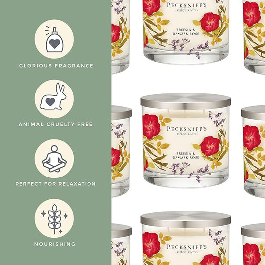 Pecksniff’s 3 Wick Candle – Freesia & Damask Rose, 550 g / 19.4 oz – Long Lasting Burn, Elegant Home Decor & Relaxing Ambiance