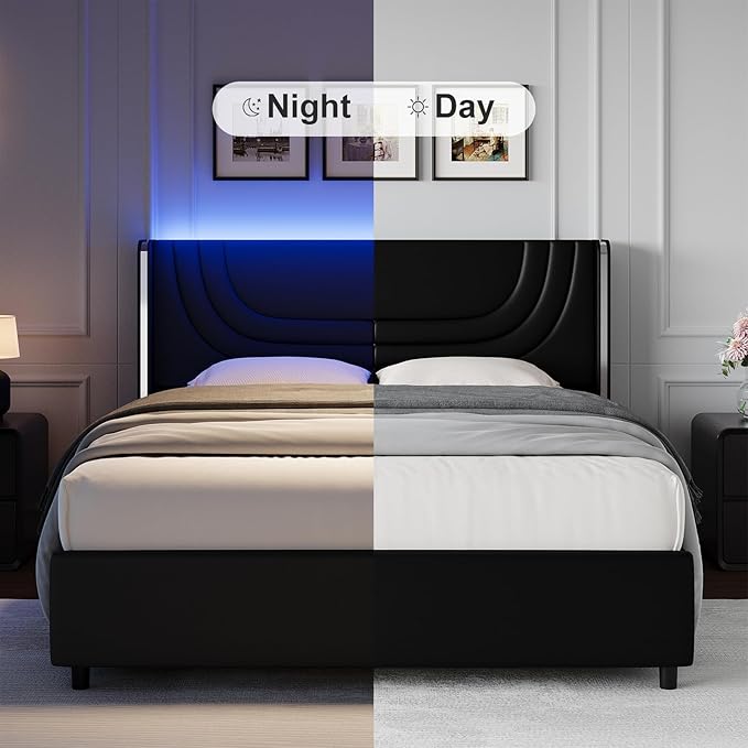 Twin Bed Frame with LED Lights, Faux Leather Upholstered Platform with Silver Wingback Headboard, Modern Style, No Box Spring Needed, Easy Assembly, Black