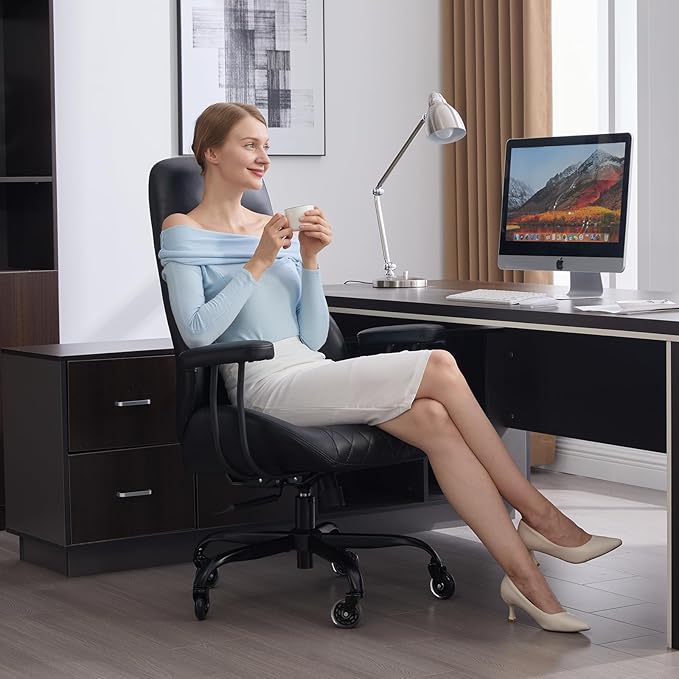Home Office Desk Chair, Ergonomic High Back Leather Computer Chair with Lumbar Support, Adjustable Height & Recline, Swivel Executive Office Chair with Armrests and Rubber Casters, Black